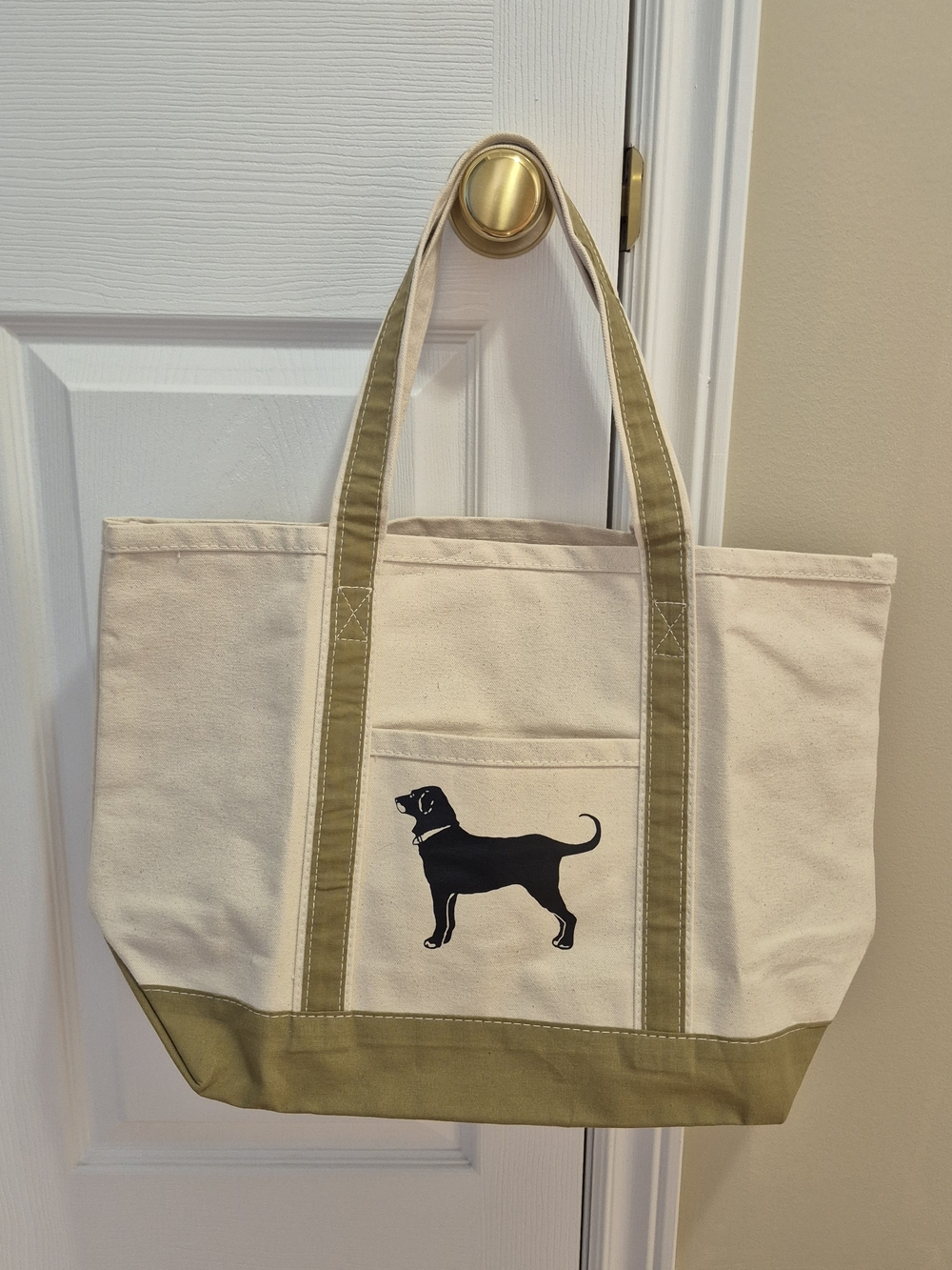 The Black Dog Cream Canvas Tote with Olive Trim and Black Dog Silhouette